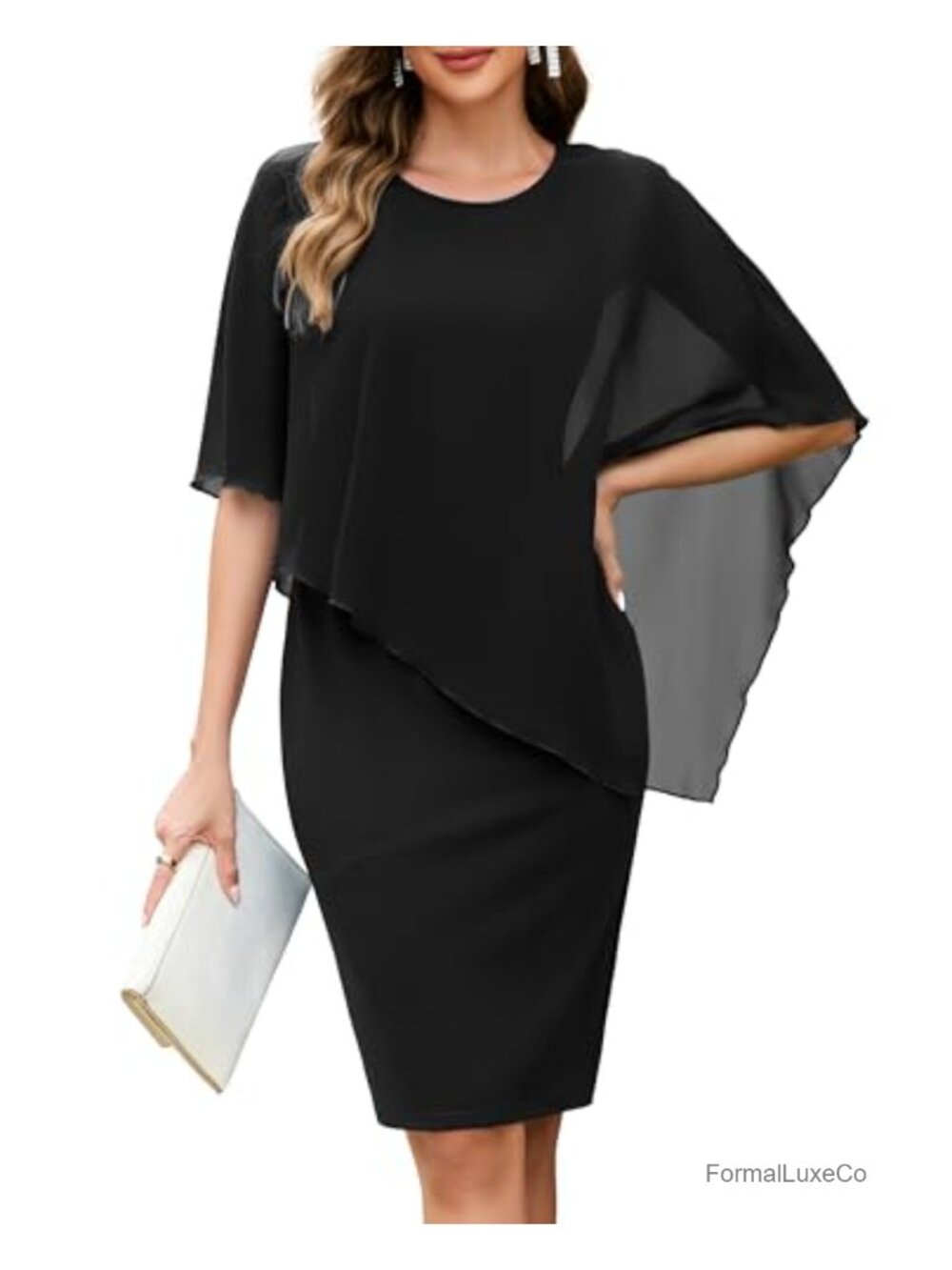 Women's Chiffon Cape Sheath Midi Dress Sleeveless Wedding Guest